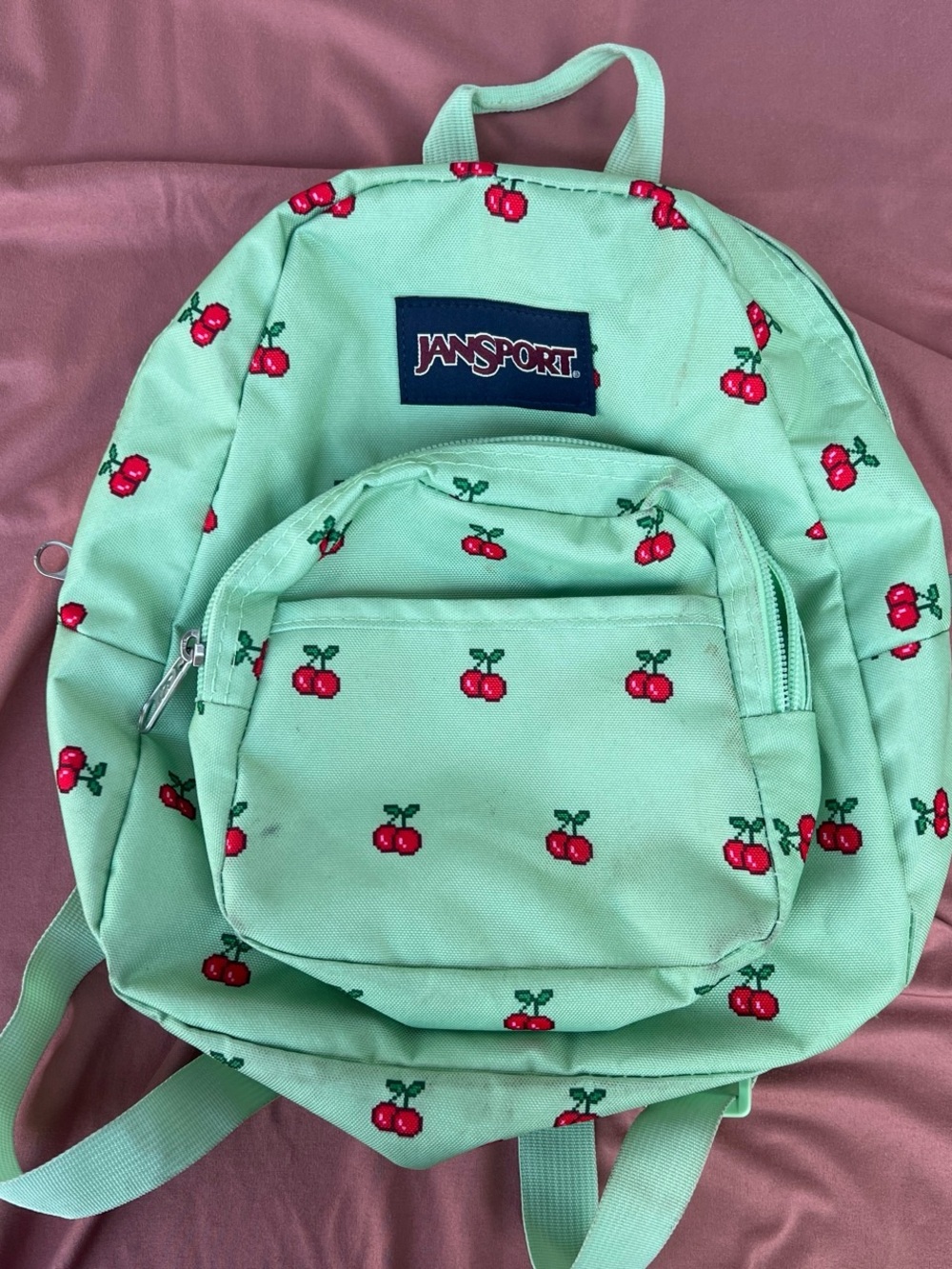 Jansport Mint Green Kids Backpack with Red Cherry Print